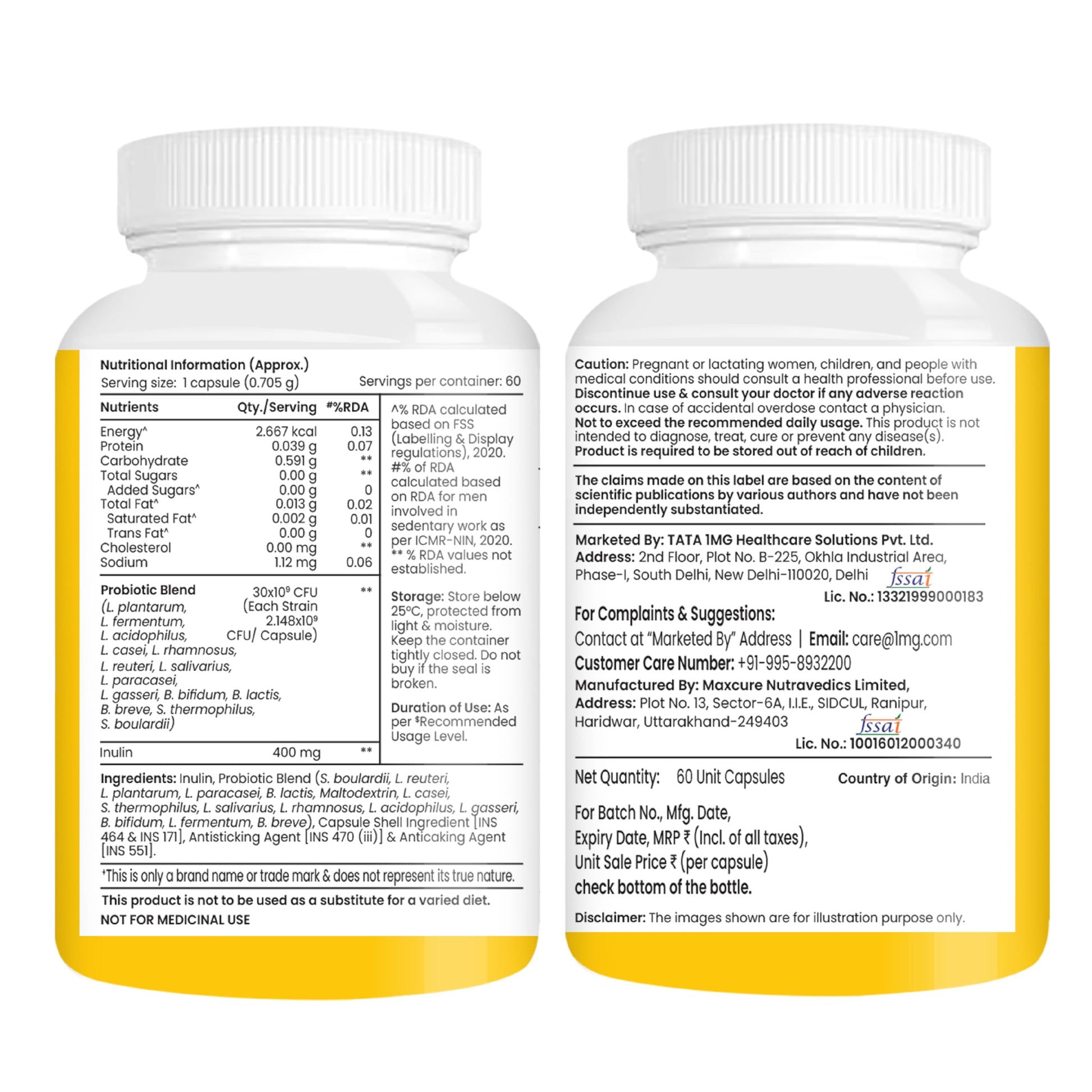 TATA 1MG Probiotic Capsules 30 Billion CFUs Plus Prebiotic Fiber, Adult Unisex Supplement - front view (8)