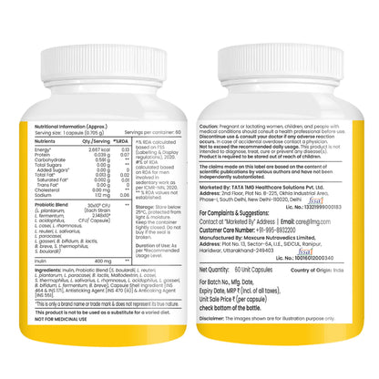 TATA 1MG Probiotic Capsules 30 Billion CFUs Plus Prebiotic Fiber, Adult Unisex Supplement - front view (8)