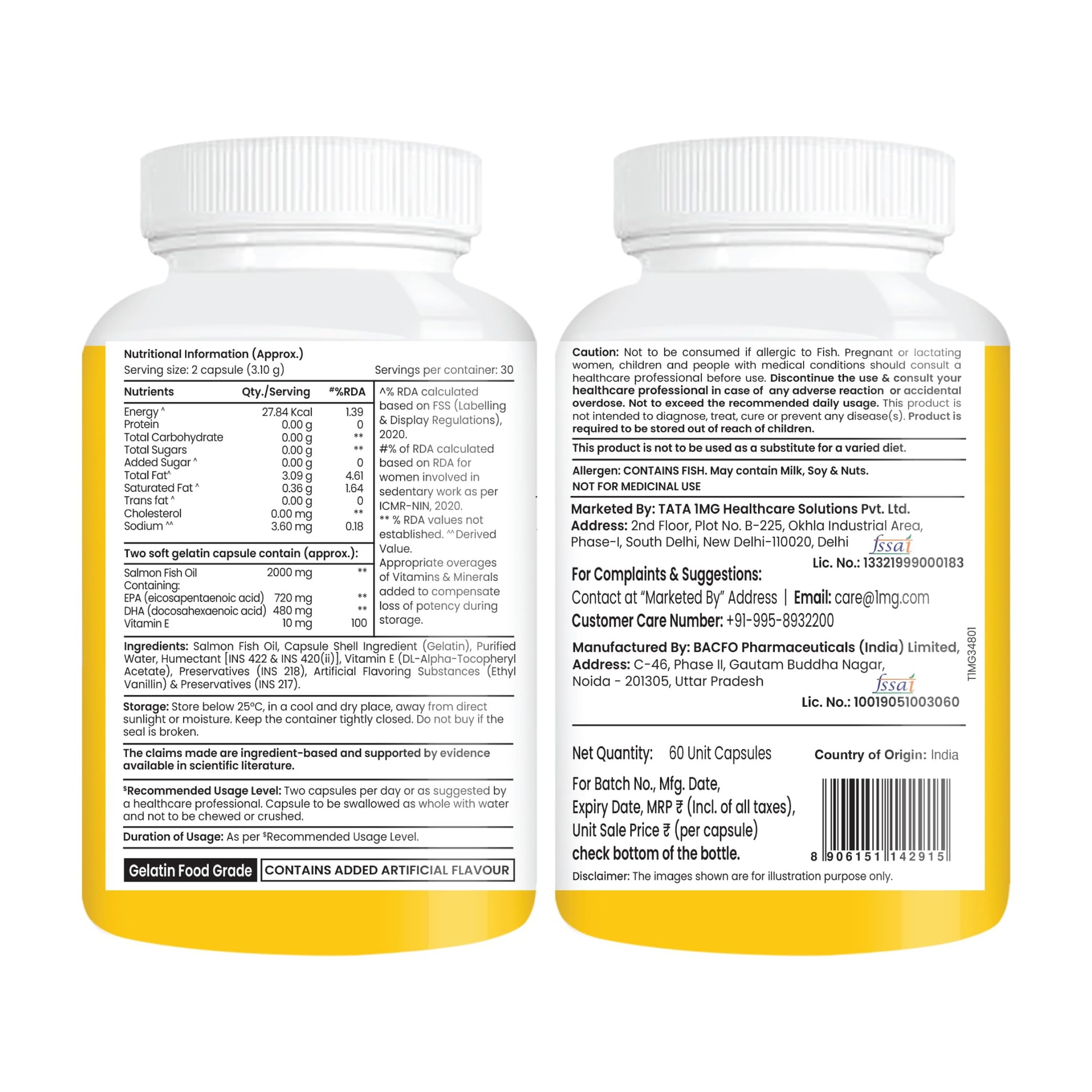 TATA 1MG Salmon 4X Omega Fish Oil Supplement, 60 Capsules, 2000mg Salmon Oil with 720mg EPA and 480mg DHA - front view