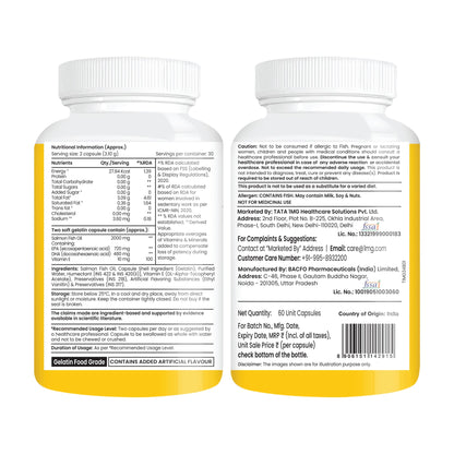 TATA 1MG Salmon 4X Omega Fish Oil Supplement, 60 Capsules, 2000mg Salmon Oil with 720mg EPA and 480mg DHA - front view