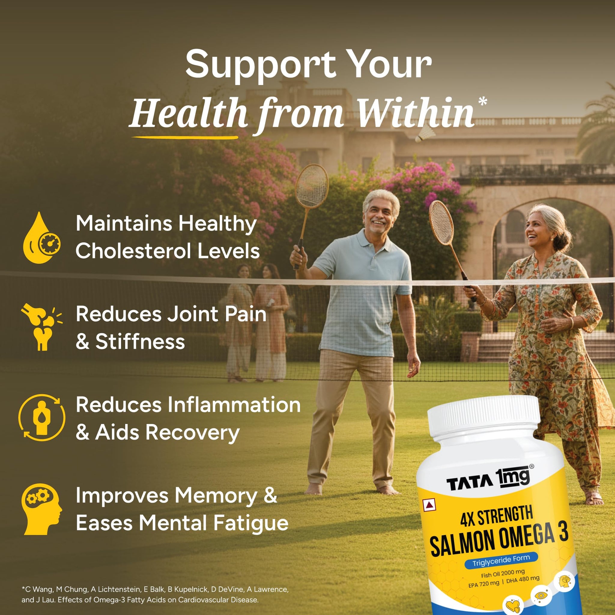 TATA 1MG Salmon 4X Omega Fish Oil Supplement, 60 Capsules, 2000mg Salmon Oil with 720mg EPA and 480mg DHA - close-up detail