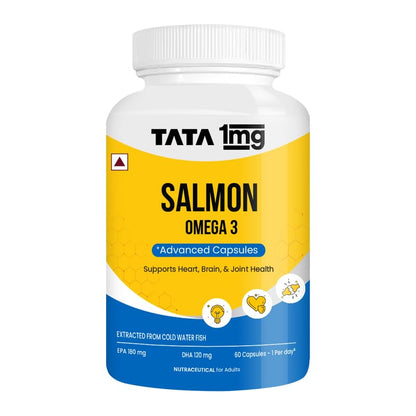 TATA 1MG Salmon Omega 3 Fish Oil Supplement, 1000mg with 180mg EPA & 120mg DHA, Softgel Capsules