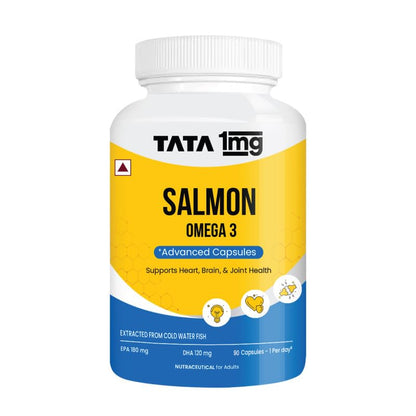 TATA 1MG Salmon Omega 3 Fish Oil Supplement, 1000mg with 180mg EPA & 120mg DHA, Softgel Capsules (10)