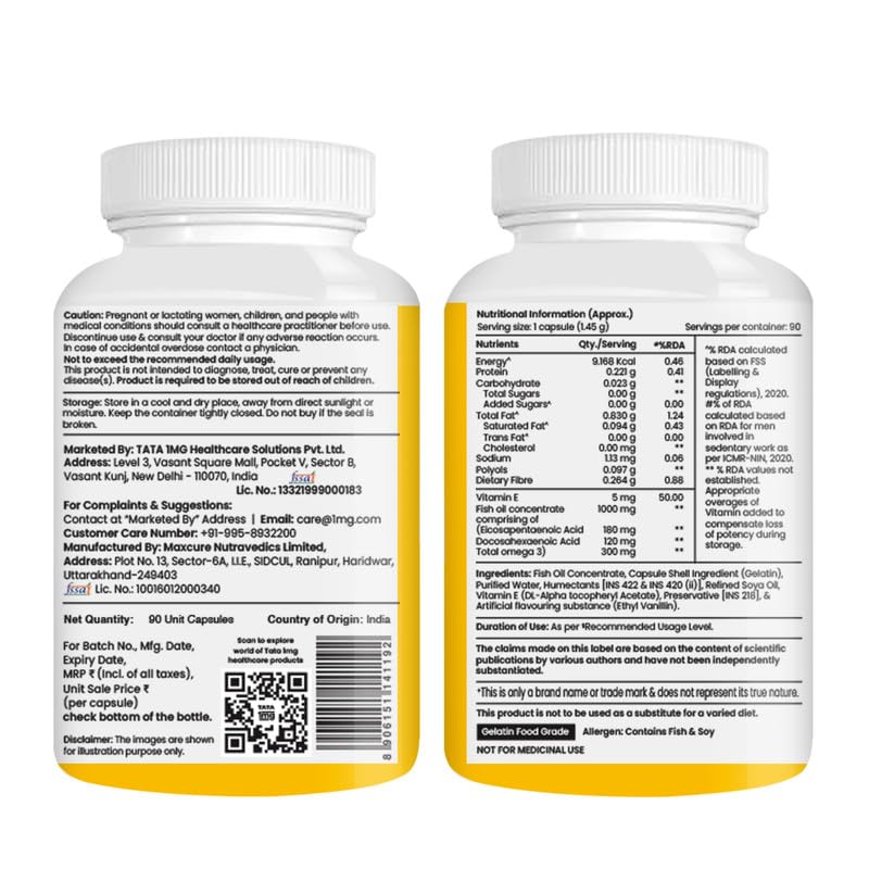 TATA 1MG Salmon Omega 3 Fish Oil Supplement, 1000mg with 180mg EPA & 120mg DHA, Softgel Capsules - front view (11)