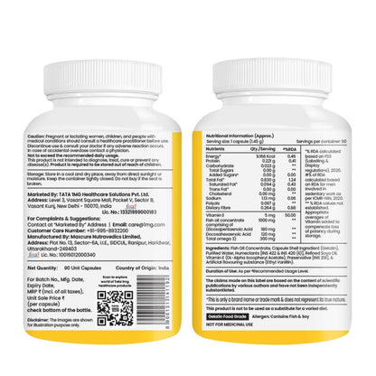 TATA 1MG Salmon Omega 3 Fish Oil Supplement, 1000mg with 180mg EPA & 120mg DHA, Softgel Capsules - front view (11)