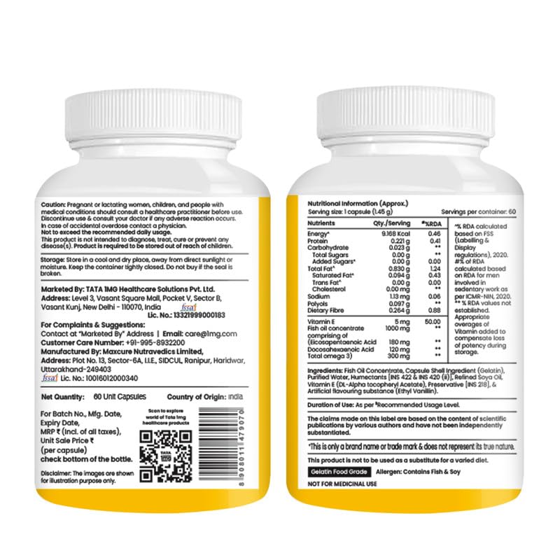 TATA 1MG Salmon Omega 3 Fish Oil Supplement, 1000mg with 180mg EPA & 120mg DHA, Softgel Capsules - front view
