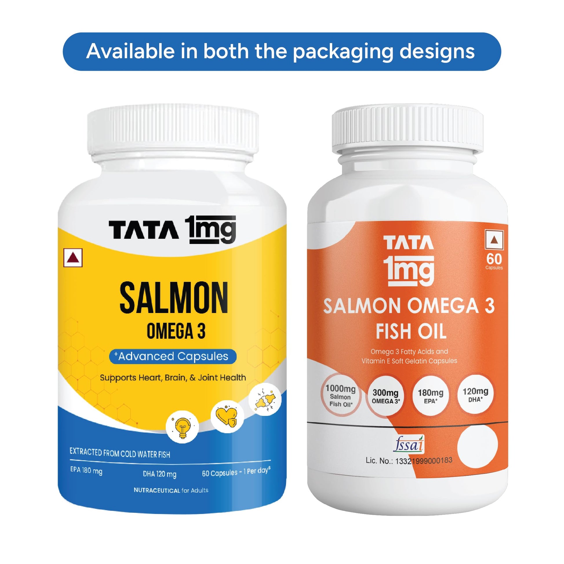 TATA 1MG Salmon Omega 3 Fish Oil Supplement, 1000mg with 180mg EPA & 120mg DHA, Softgel Capsules - close-up detail