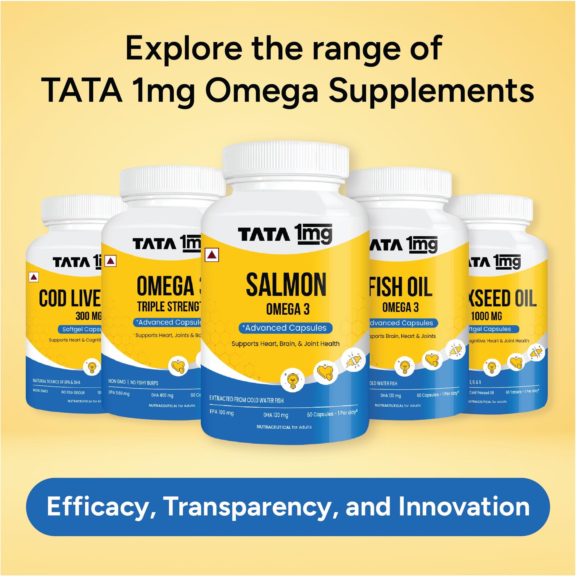 TATA 1MG Salmon Omega 3 Fish Oil Supplement, 1000mg with 180mg EPA & 120mg DHA, Softgel Capsules - size and scale