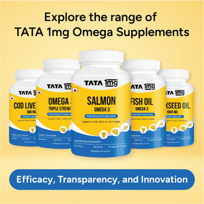 TATA 1MG Salmon Omega 3 Fish Oil Supplement, 1000mg with 180mg EPA & 120mg DHA, Softgel Capsules - size and scale