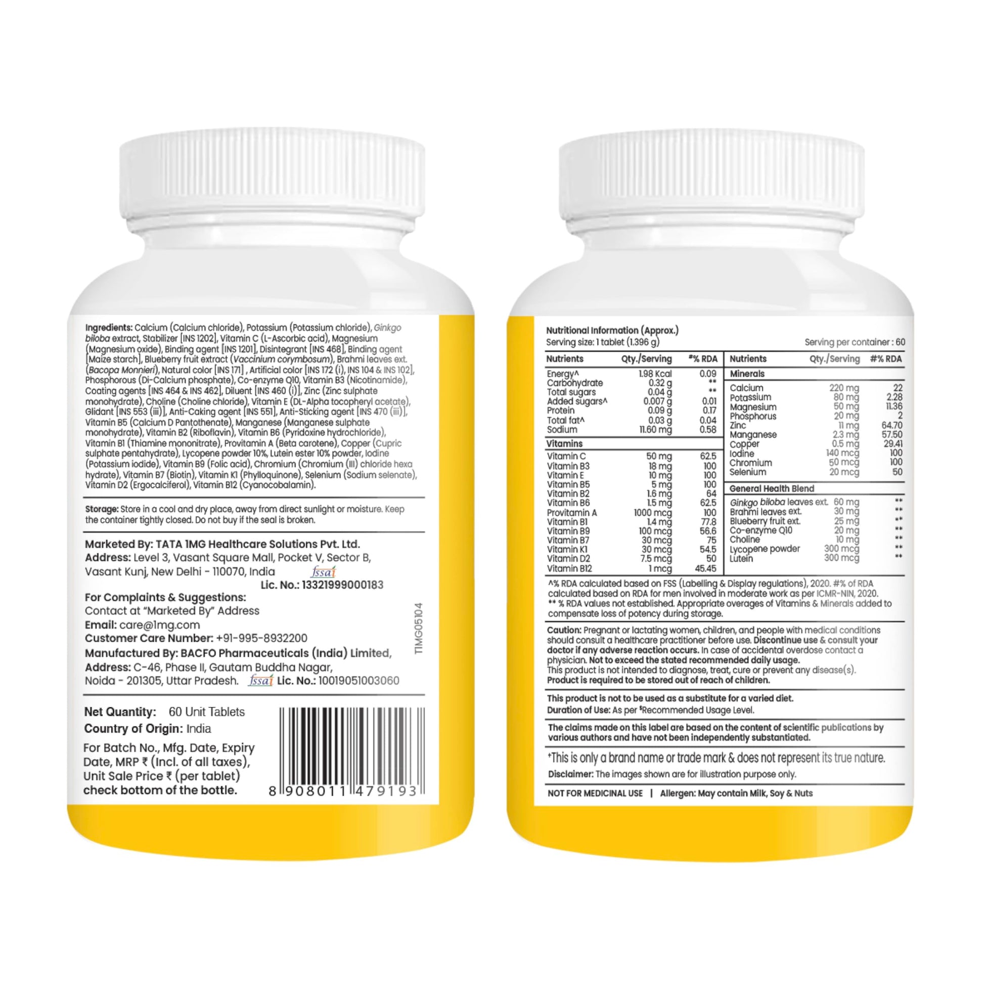 TATA 1MG Senior 50+ Multivitamin & Multimineral Veg Tablet, 24 Vitamins & Minerals - front view (11)
