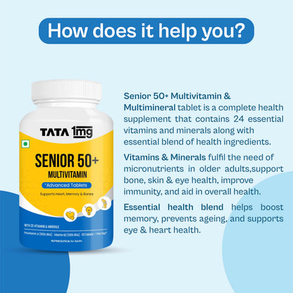 TATA 1MG Senior 50+ Multivitamin & Multimineral Veg Tablet, 24 Vitamins & Minerals - back view (12)