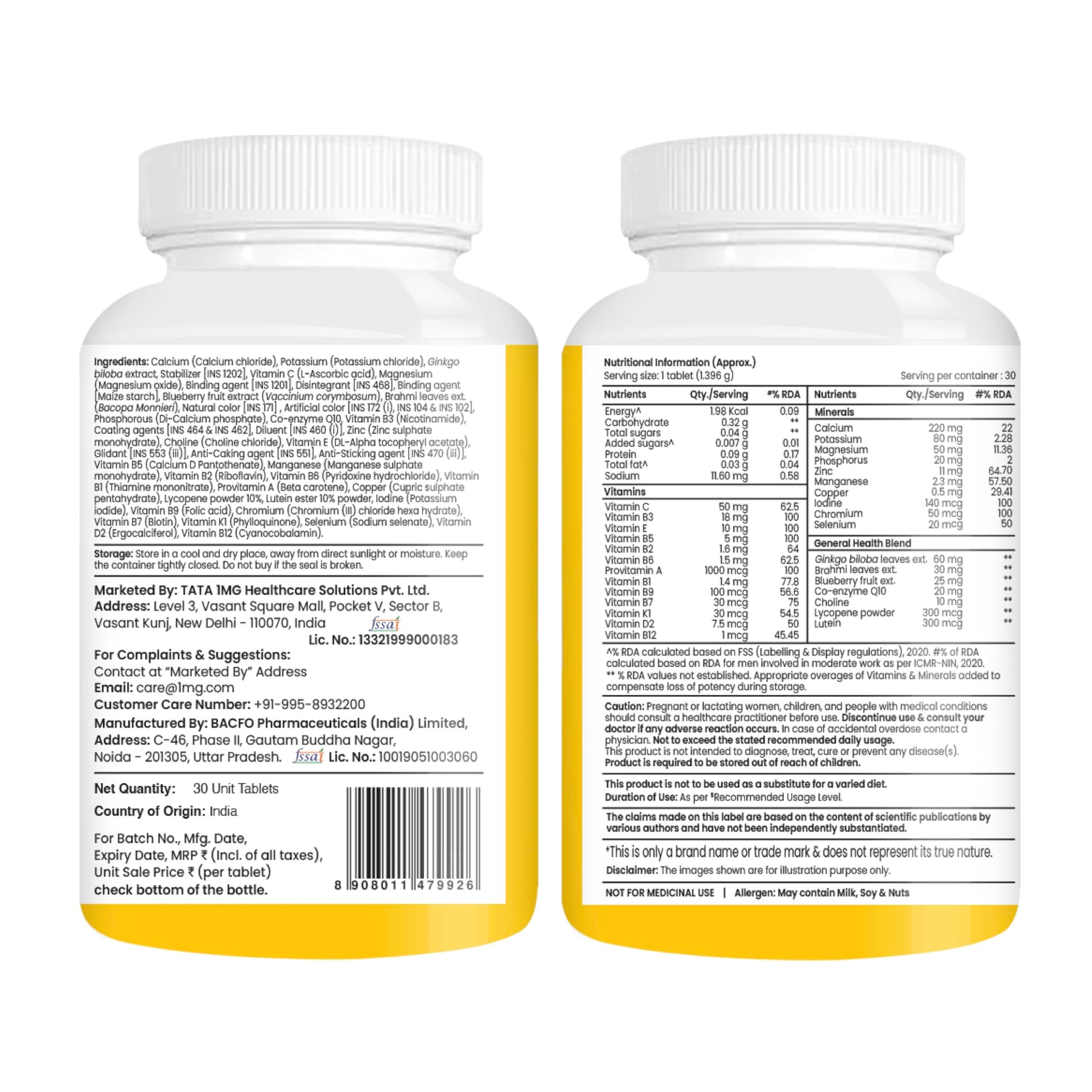 TATA 1MG Senior 50+ Multivitamin & Multimineral Veg Tablet, 24 Vitamins & Minerals - front view