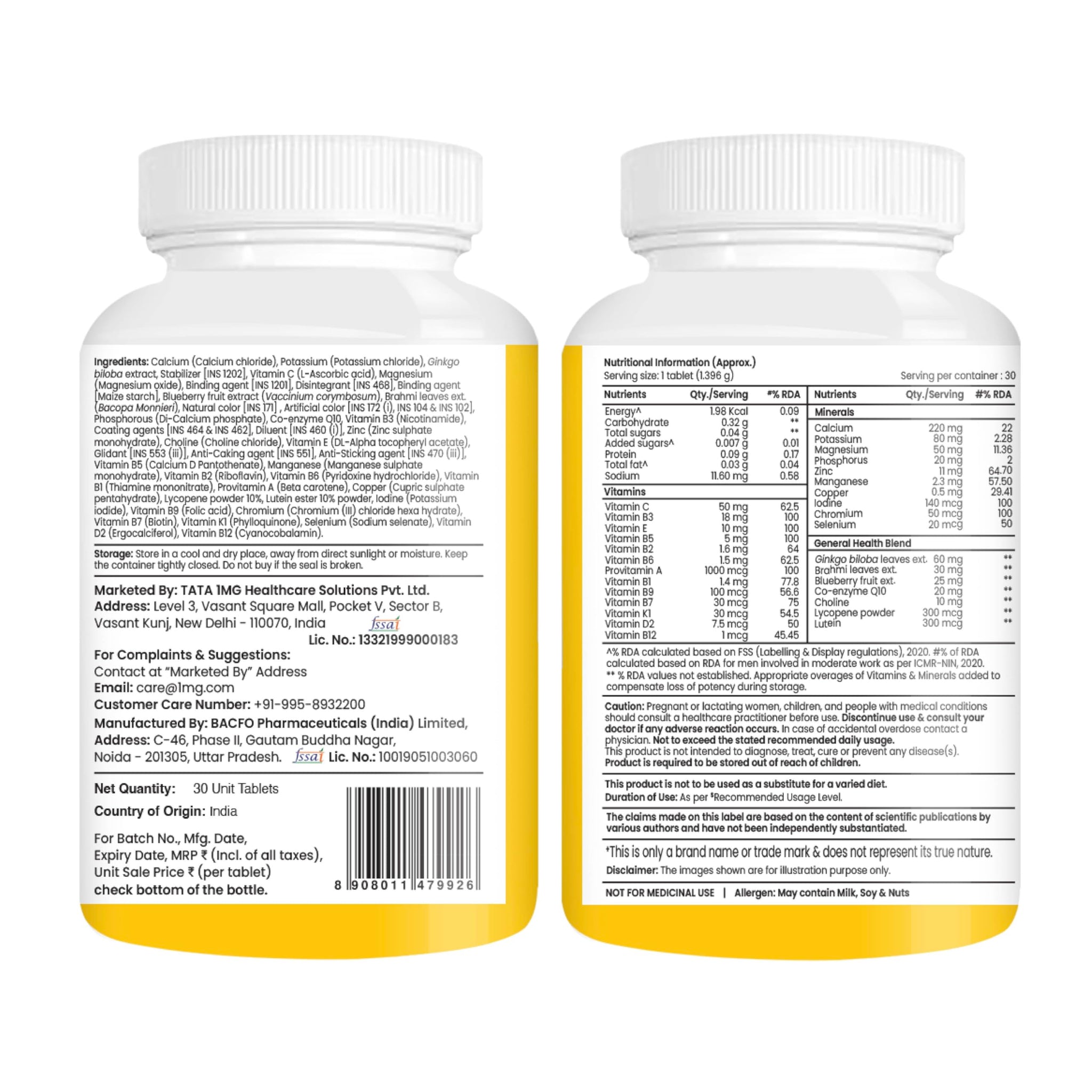 TATA 1MG Senior 50+ Multivitamin & Multimineral Veg Tablet, 24 Vitamins & Minerals - front view