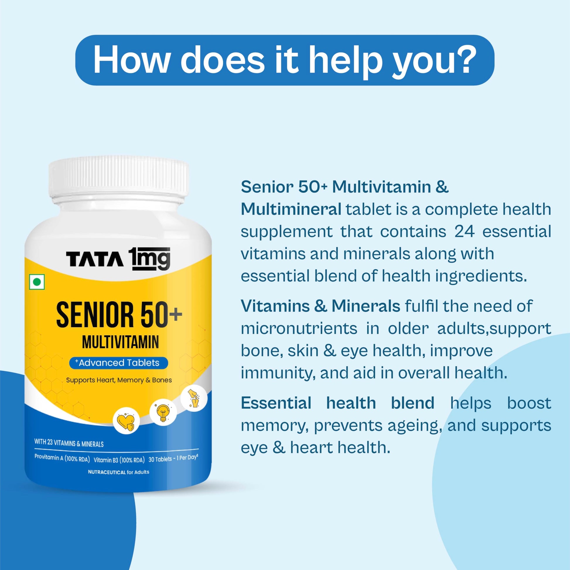 TATA 1MG Senior 50+ Multivitamin & Multimineral Veg Tablet, 24 Vitamins & Minerals - back view