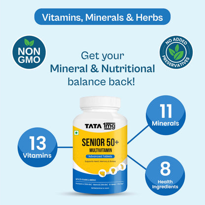 TATA 1MG Senior 50+ Multivitamin & Multimineral Veg Tablet, 24 Vitamins & Minerals - in use