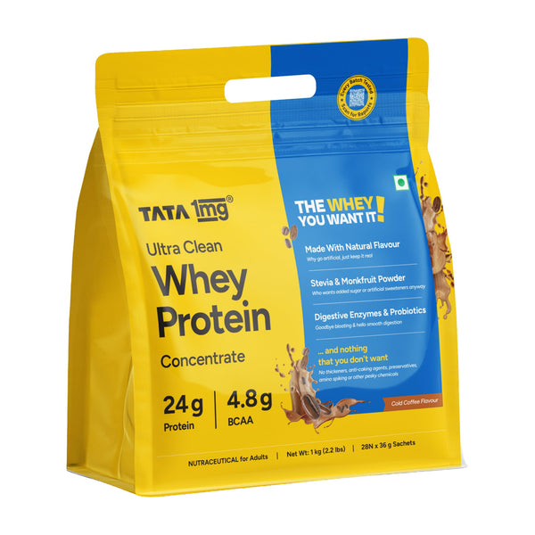 TATA 1MG Ultra Clean Whey Protein Concentrate Powder, 1kg, 24g Protein, 4.8g BCAA, 30B CFU Probiotics, 28 Sachets