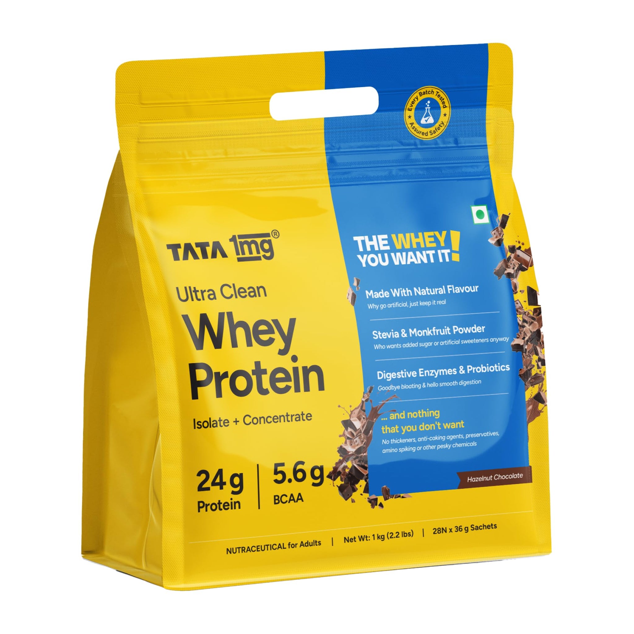 TATA 1MG Ultra Clean Whey Protein Concentrate Powder, 1kg, 24g Protein, 4.8g BCAA, 30B CFU Probiotics, 28 Sachets (10)