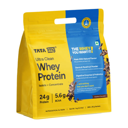 TATA 1MG Ultra Clean Whey Protein Concentrate Powder, 1kg, 24g Protein, 4.8g BCAA, 30B CFU Probiotics, 28 Sachets (10)