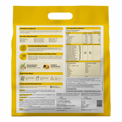 TATA 1MG Ultra Clean Whey Protein Concentrate Powder, 1kg, 24g Protein, 4.8g BCAA, 30B CFU Probiotics, 28 Sachets - front vie