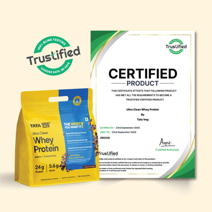 TATA 1MG Ultra Clean Whey Protein Concentrate Powder, 1kg, 24g Protein, 4.8g BCAA, 30B CFU Probiotics, 28 Sachets - ingredien