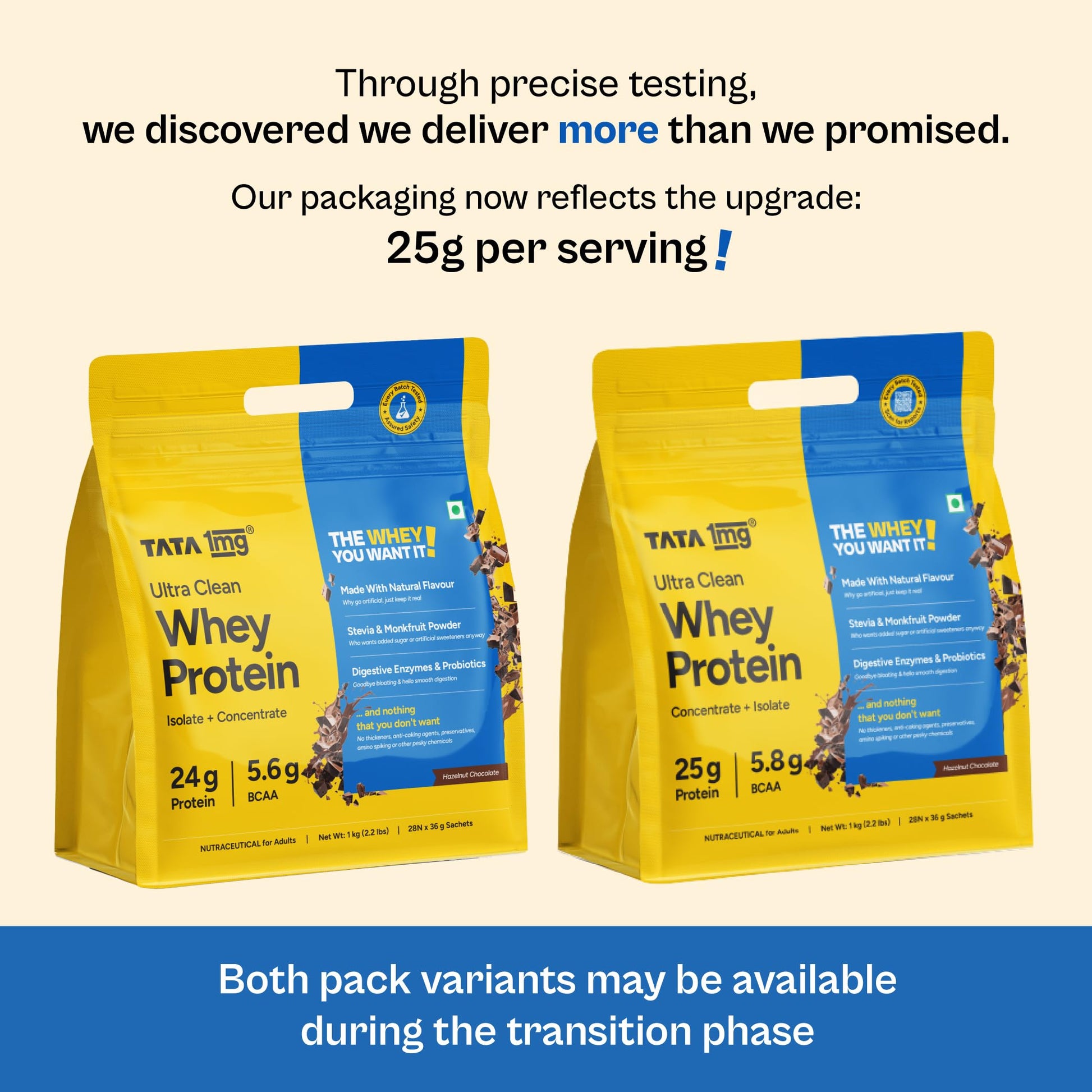TATA 1MG Ultra Clean Whey Protein Concentrate Powder, 1kg, 24g Protein, 4.8g BCAA, 30B CFU Probiotics, 28 Sachets - in use (1