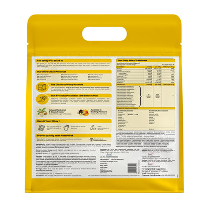 TATA 1MG Ultra Clean Whey Protein Concentrate Powder, 1kg, 24g Protein, 4.8g BCAA, 30B CFU Probiotics, 28 Sachets - front vie