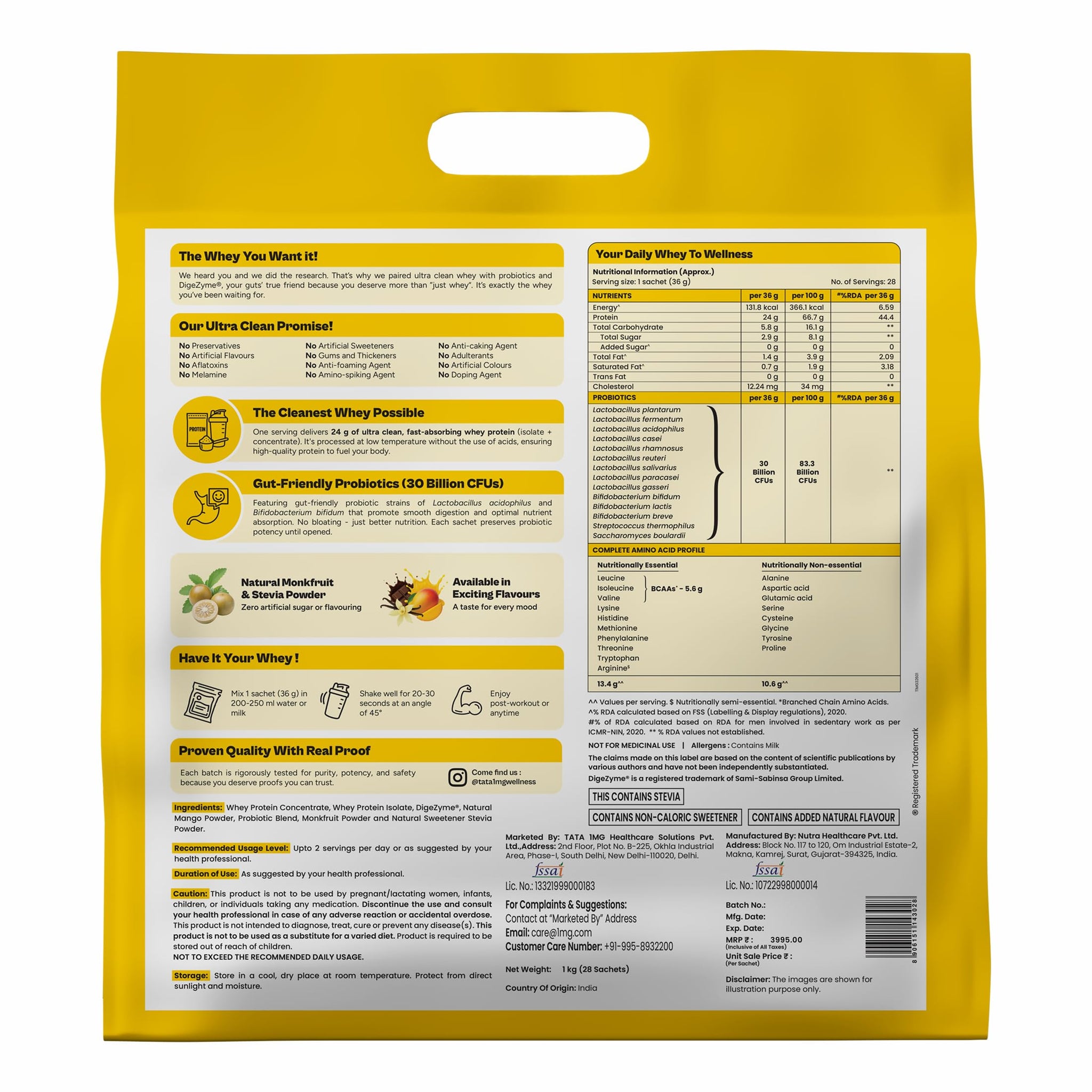 TATA 1MG Ultra Clean Whey Protein Concentrate Powder, 1kg, 24g Protein, 4.8g BCAA, 30B CFU Probiotics, 28 Sachets - front vie