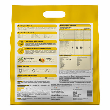 TATA 1MG Ultra Clean Whey Protein Concentrate Powder, 1kg, 24g Protein, 4.8g BCAA, 30B CFU Probiotics, 28 Sachets - front vie