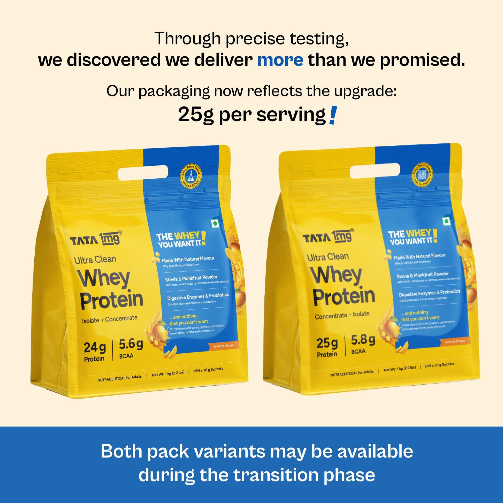 TATA 1MG Ultra Clean Whey Protein Concentrate Powder, 1kg, 24g Protein, 4.8g BCAA, 30B CFU Probiotics, 28 Sachets - close-up 