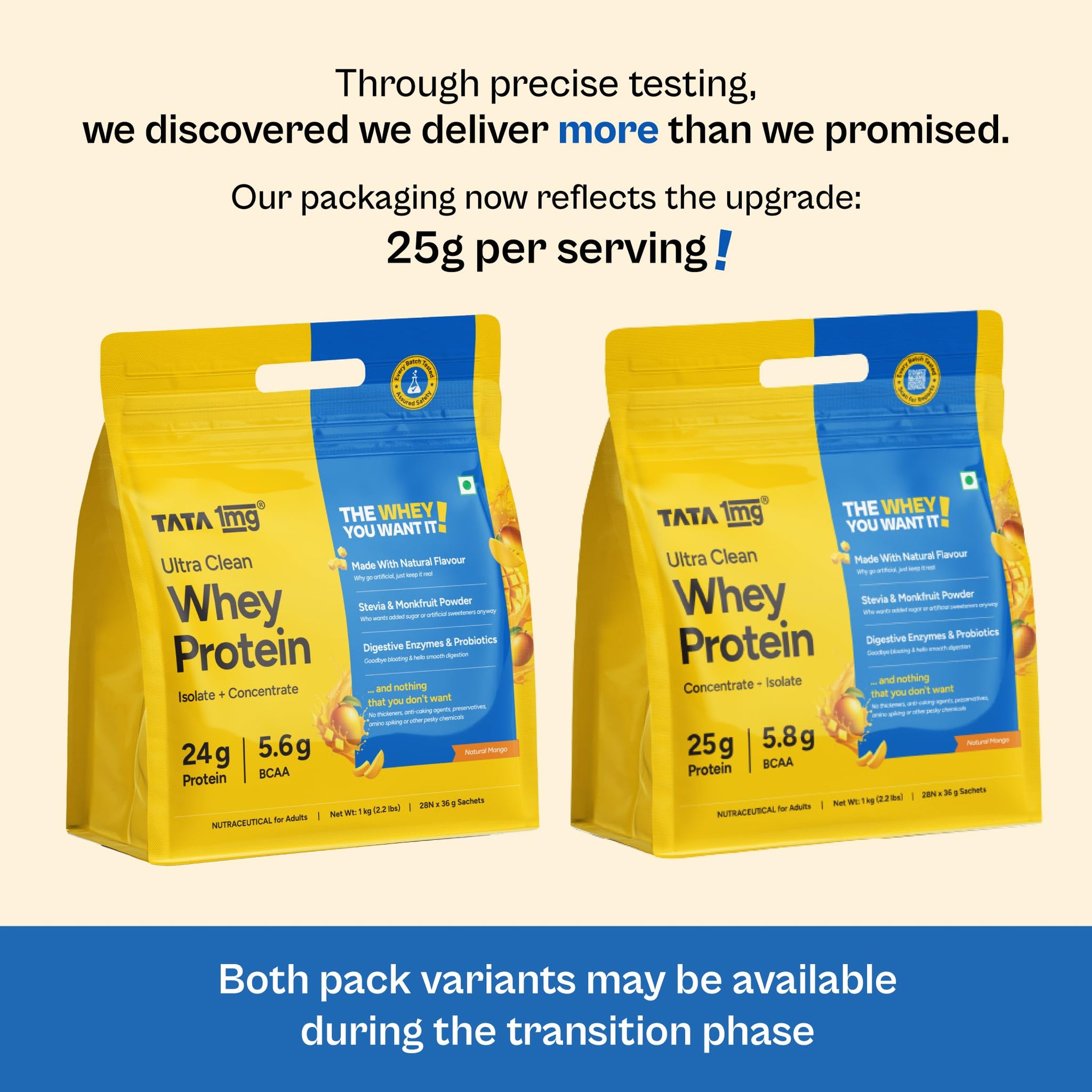 TATA 1MG Ultra Clean Whey Protein Concentrate Powder, 1kg, 24g Protein, 4.8g BCAA, 30B CFU Probiotics, 28 Sachets - close-up 