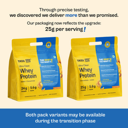 TATA 1MG Ultra Clean Whey Protein Concentrate Powder, 1kg, 24g Protein, 4.8g BCAA, 30B CFU Probiotics, 28 Sachets - close-up 