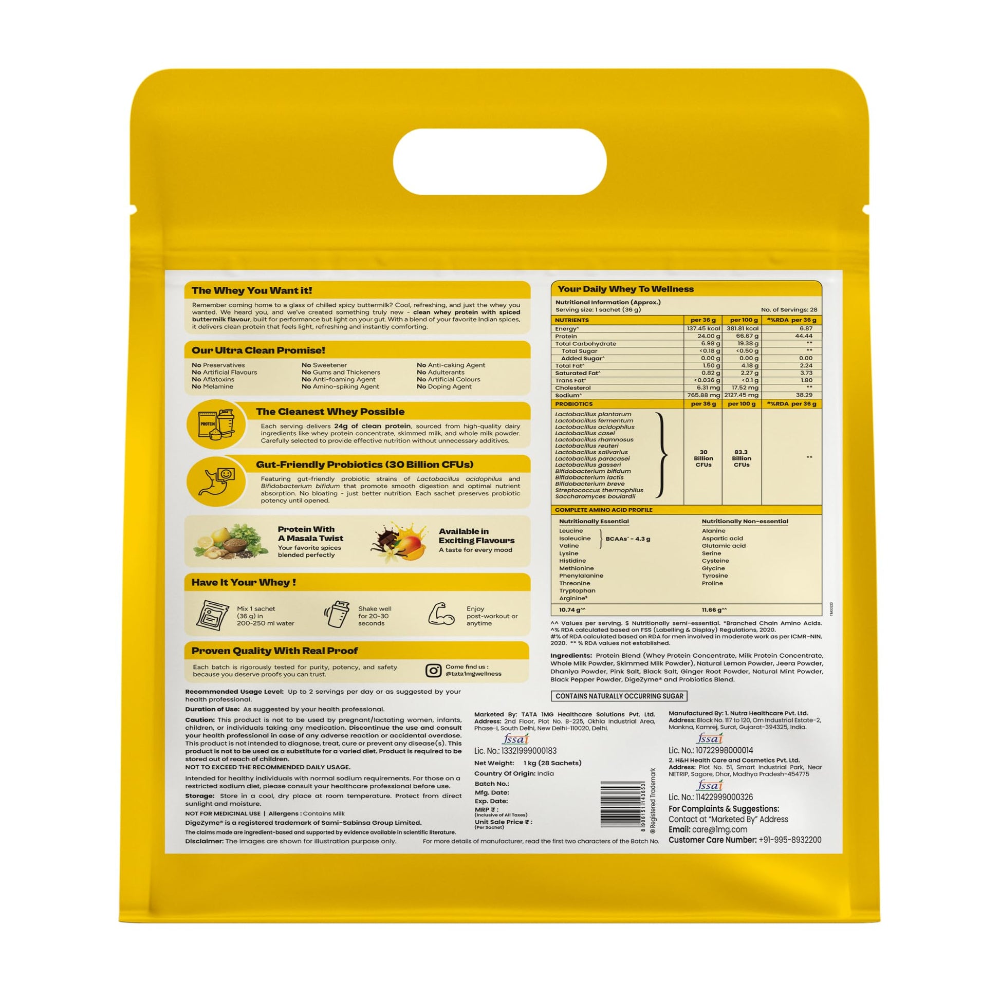 TATA 1MG Ultra Clean Whey Protein Concentrate Powder, 1kg, 24g Protein, 4.8g BCAA, 30B CFU Probiotics, 28 Sachets - front vie