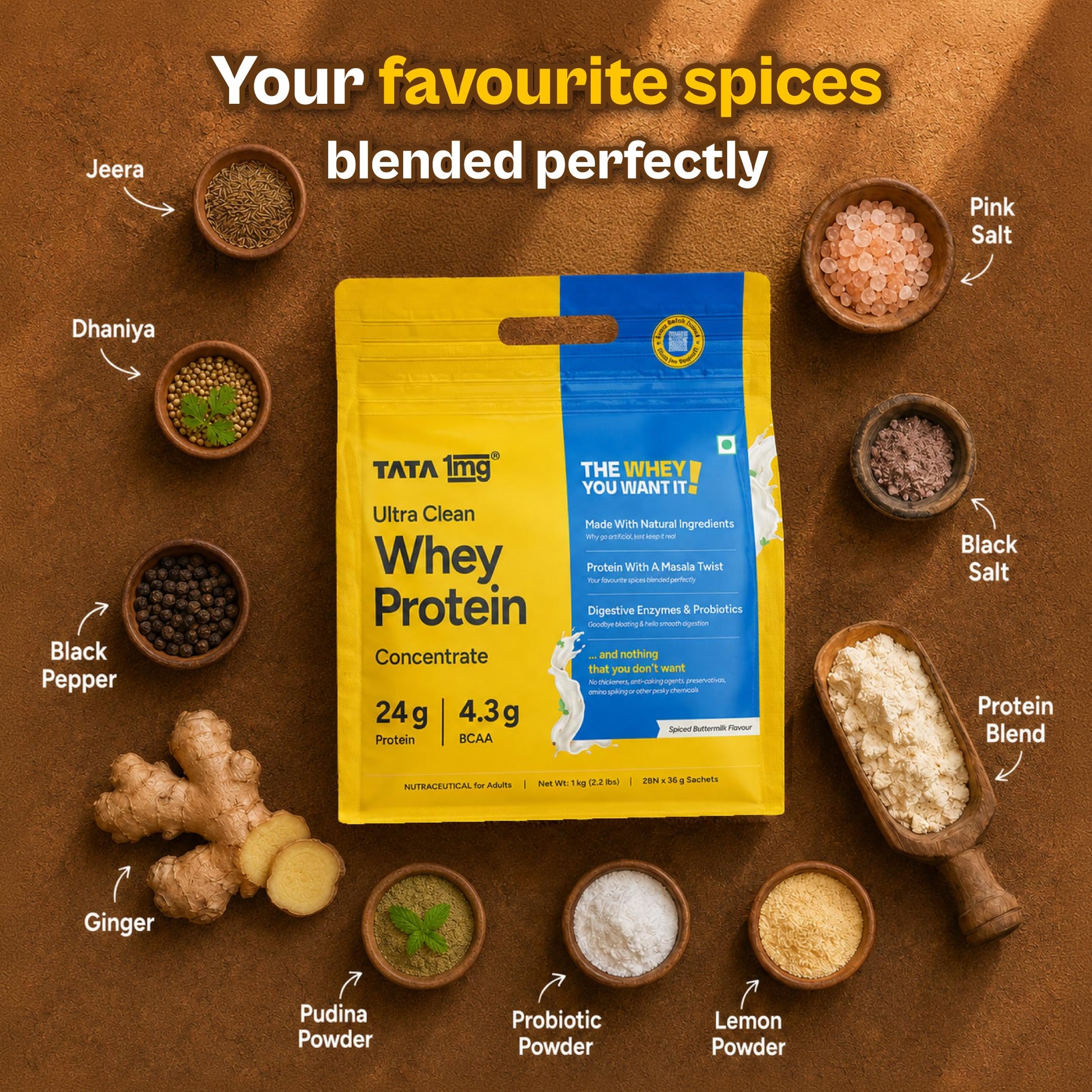 TATA 1MG Ultra Clean Whey Protein Concentrate Powder, 1kg, 24g Protein, 4.8g BCAA, 30B CFU Probiotics, 28 Sachets - packaging