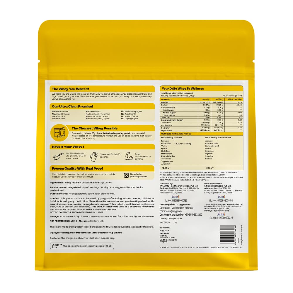 TATA 1MG Ultra Clean Whey Protein Concentrate Powder, 1kg, 24g Protein, 4.8g BCAA, 30B CFU Probiotics, 28 Sachets - front vie