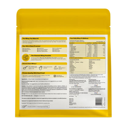 TATA 1MG Ultra Clean Whey Protein Concentrate Powder, 1kg, 24g Protein, 4.8g BCAA, 30B CFU Probiotics, 28 Sachets - front vie