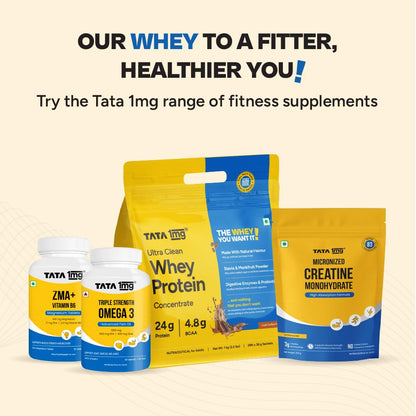 TATA 1MG Ultra Clean Whey Protein Concentrate Powder, 1kg, 24g Protein, 4.8g BCAA, 30B CFU Probiotics, 28 Sachets - size and 