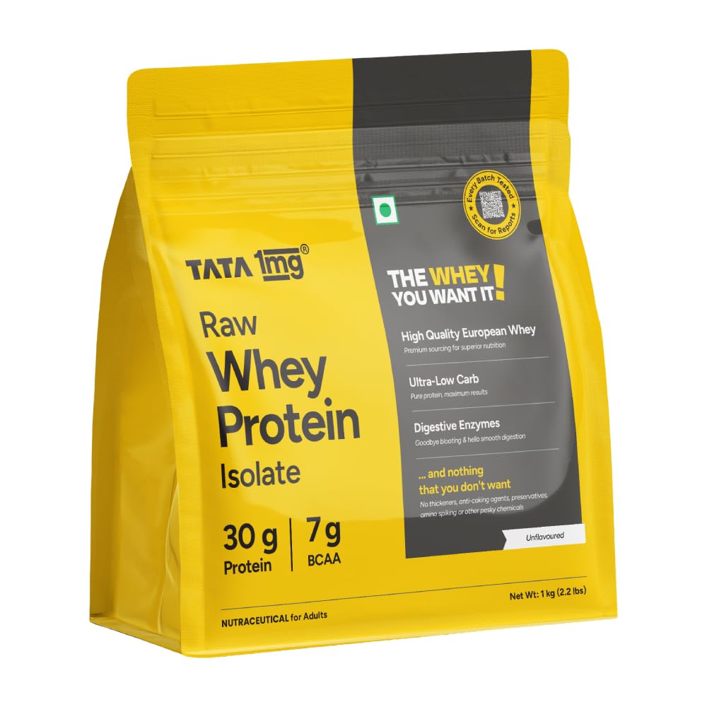 TATA 1MG Ultra Clean Whey Protein Concentrate Powder, 1kg, 24g Protein, 4.8g BCAA, 30B CFU Probiotics, 28 Sachets (44)