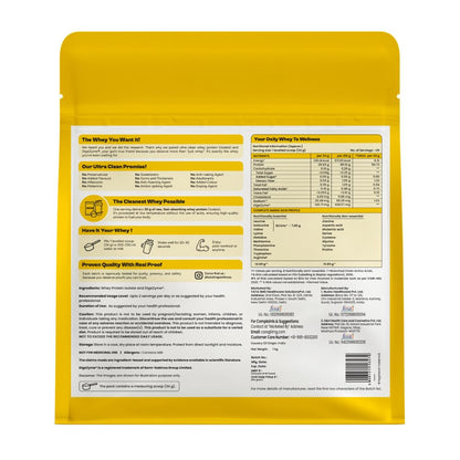 TATA 1MG Ultra Clean Whey Protein Concentrate Powder, 1kg, 24g Protein, 4.8g BCAA, 30B CFU Probiotics, 28 Sachets - front vie