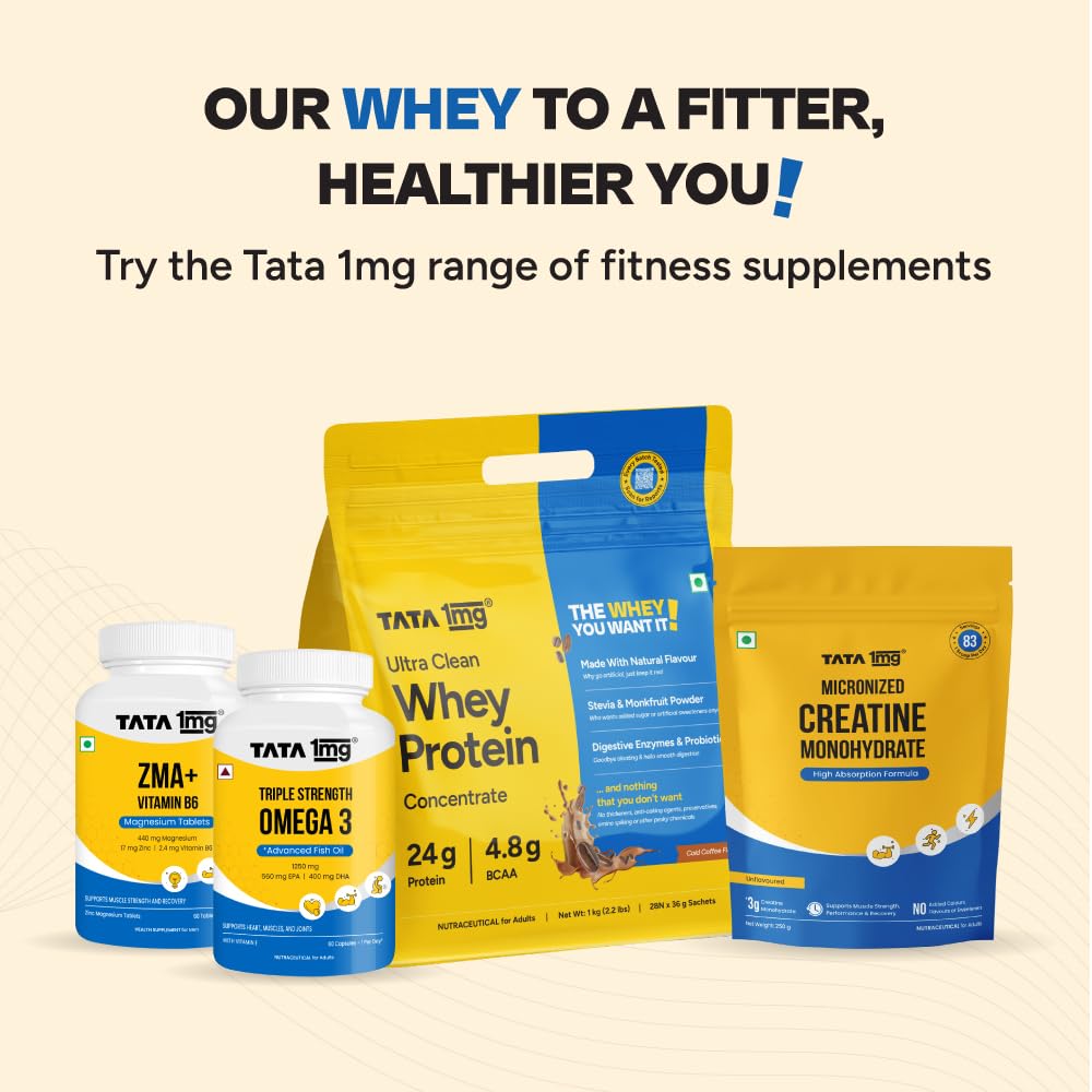 TATA 1MG Ultra Clean Whey Protein Concentrate Powder, 1kg, 24g Protein, 4.8g BCAA, 30B CFU Probiotics, 28 Sachets - size and 