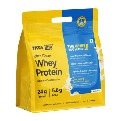 TATA 1MG Ultra Clean Whey Protein Concentrate Powder, 1kg, 24g Protein, 4.8g BCAA, 30B CFU Probiotics, 28 Sachets (53)