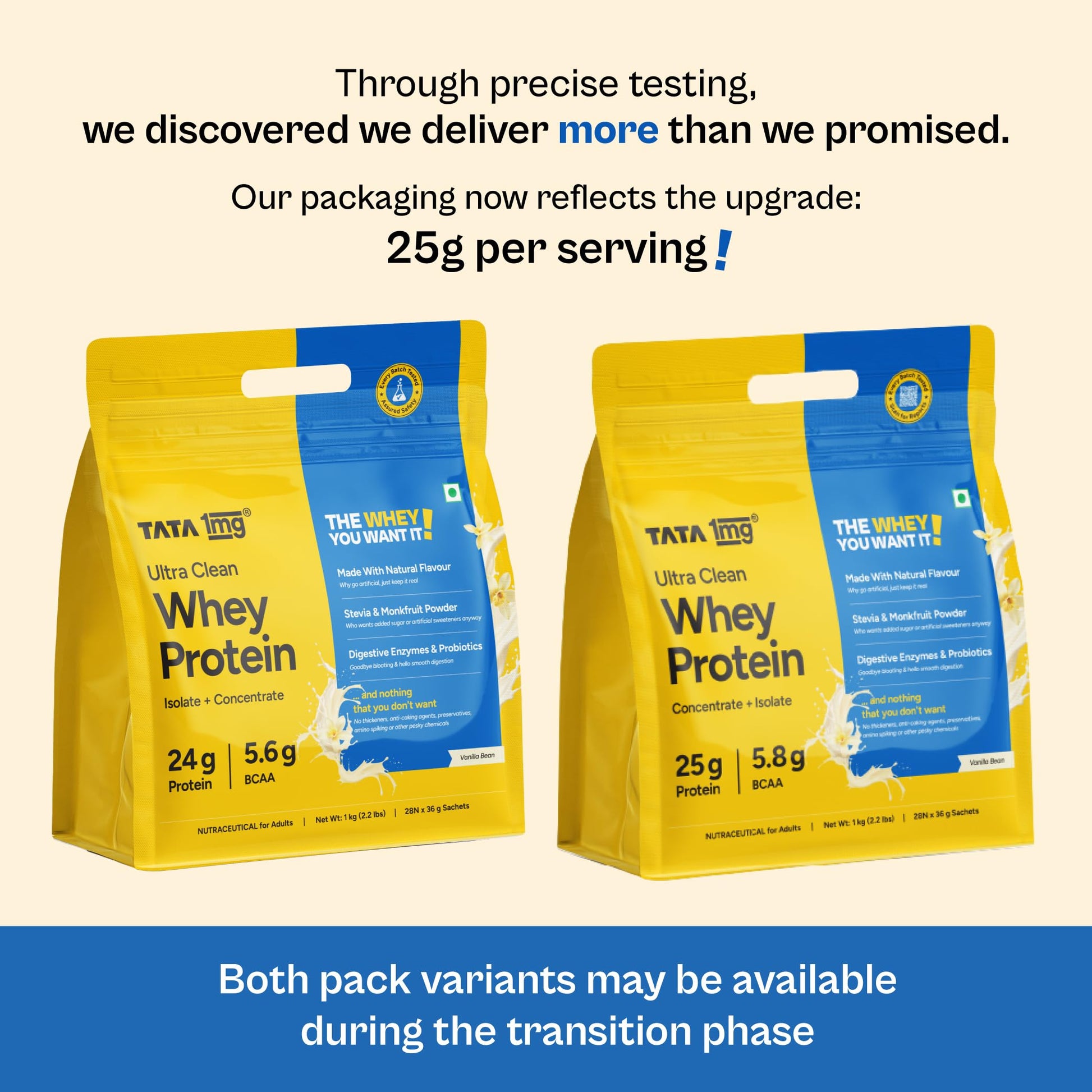 TATA 1MG Ultra Clean Whey Protein Concentrate Powder, 1kg, 24g Protein, 4.8g BCAA, 30B CFU Probiotics, 28 Sachets - close-up 