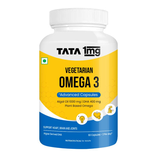 TATA 1MG Vegetarian Omega-3 Supplement, 60 Veg Capsules, 1000mg Algal Oil with 400mg DHA, Plant-Based, Adult