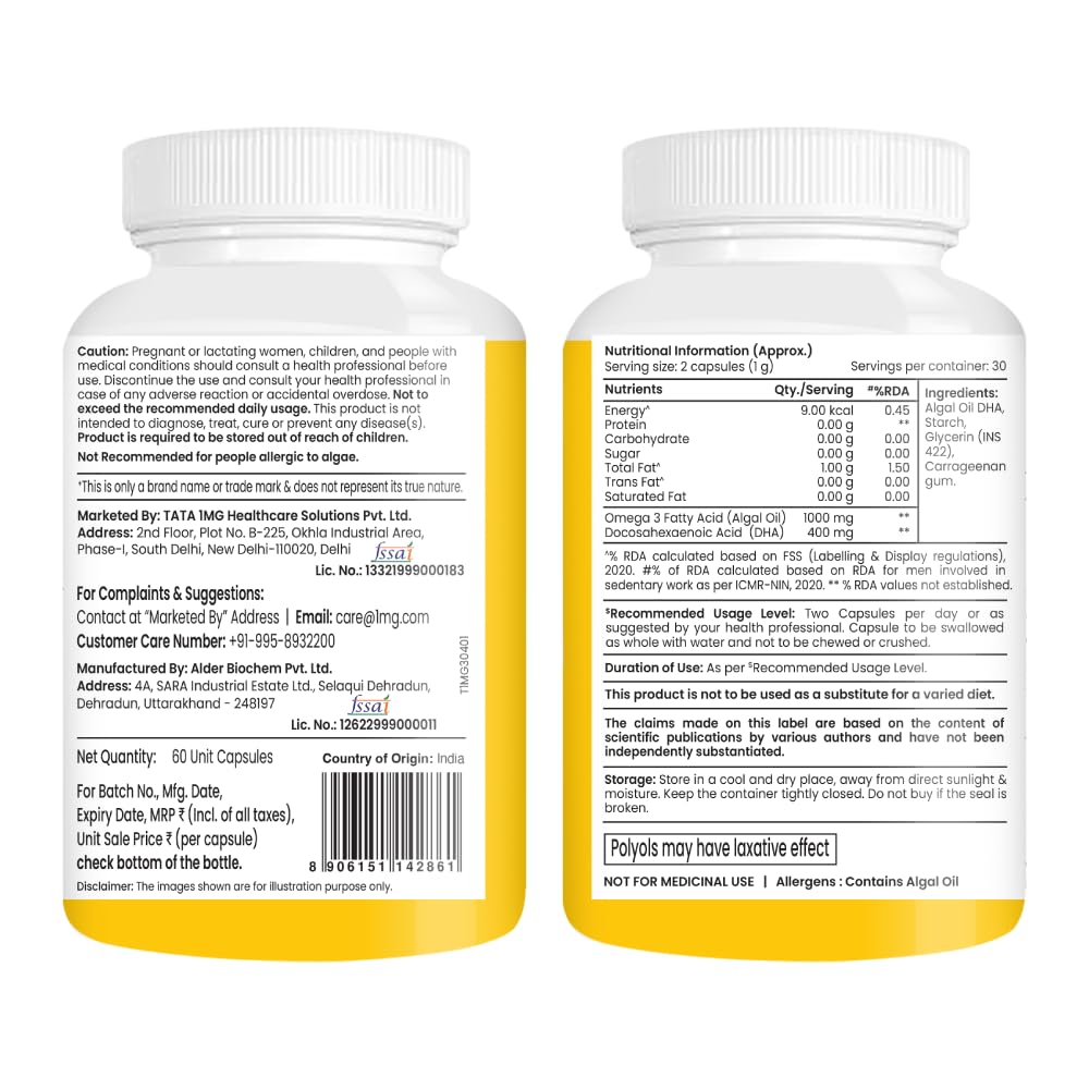TATA 1MG Vegetarian Omega-3 Supplement, 60 Veg Capsules, 1000mg Algal Oil with 400mg DHA, Plant-Based, Adult - front view