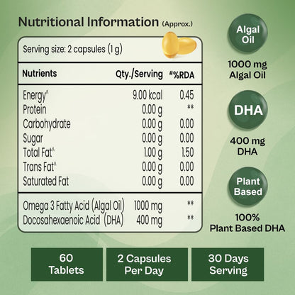 TATA 1MG Vegetarian Omega-3 Supplement, 60 Veg Capsules, 1000mg Algal Oil with 400mg DHA, Plant-Based, Adult - close-up detai