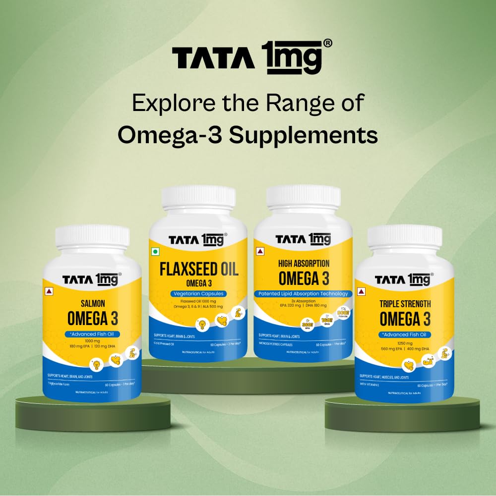 TATA 1MG Vegetarian Omega-3 Supplement, 60 Veg Capsules, 1000mg Algal Oil with 400mg DHA, Plant-Based, Adult - size and scale
