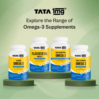 TATA 1MG Vegetarian Omega-3 Supplement, 60 Veg Capsules, 1000mg Algal Oil with 400mg DHA, Plant-Based, Adult - size and scale