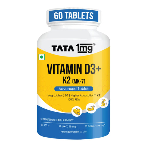TATA 1MG Vitamin D3 + K2 MK-7 Supplement, 600 IU D3, 55 mcg K2, Lichen Sourced, Vegetarian Tablets