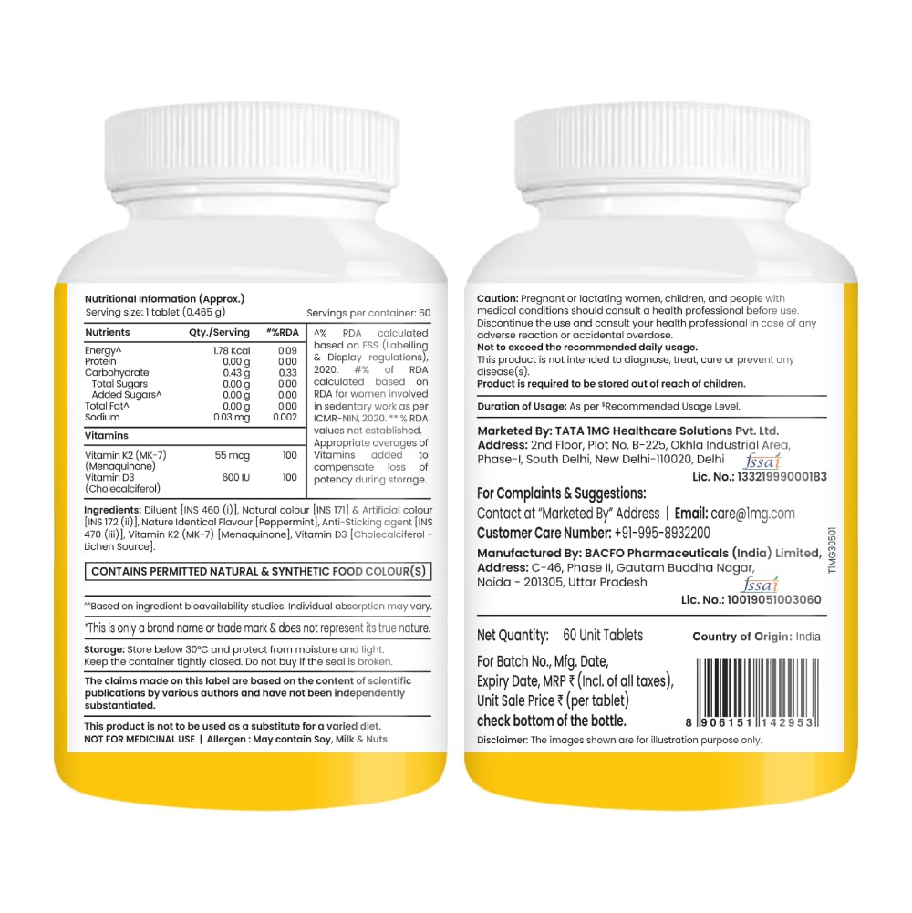 TATA 1MG Vitamin D3 + K2 MK-7 Supplement, 600 IU D3, 55 mcg K2, Lichen Sourced, Vegetarian Tablets - front view