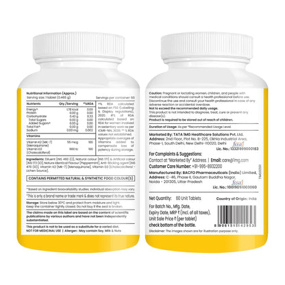 TATA 1MG Vitamin D3 + K2 MK-7 Supplement, 600 IU D3, 55 mcg K2, Lichen Sourced, Vegetarian Tablets - front view