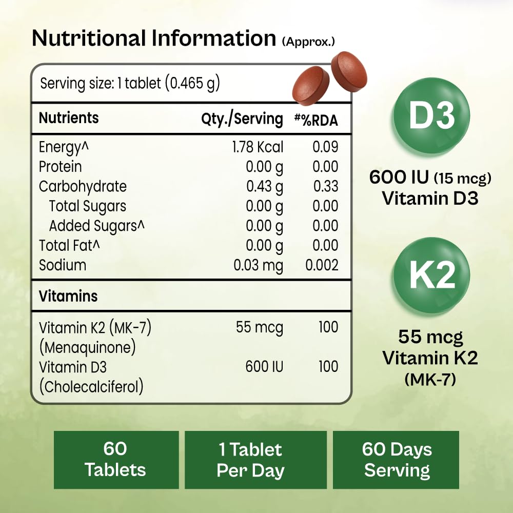 TATA 1MG Vitamin D3 + K2 MK-7 Supplement, 600 IU D3, 55 mcg K2, Lichen Sourced, Vegetarian Tablets - ingredients panel